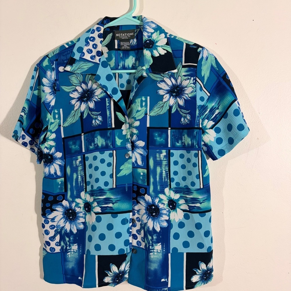 Notations Blouse Womens PM Blue Floral Polka Dot k Button Up Vtg 90s Top